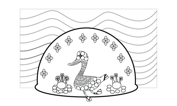 Coloring pages. Little cute duck swims on the pond. It`s smiling. There are reeds, grass and flowers around. Summer.