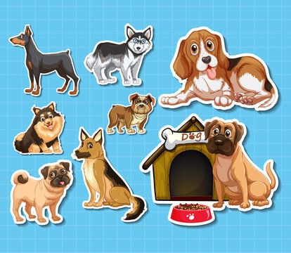 Sticker set of different dogs cartoon