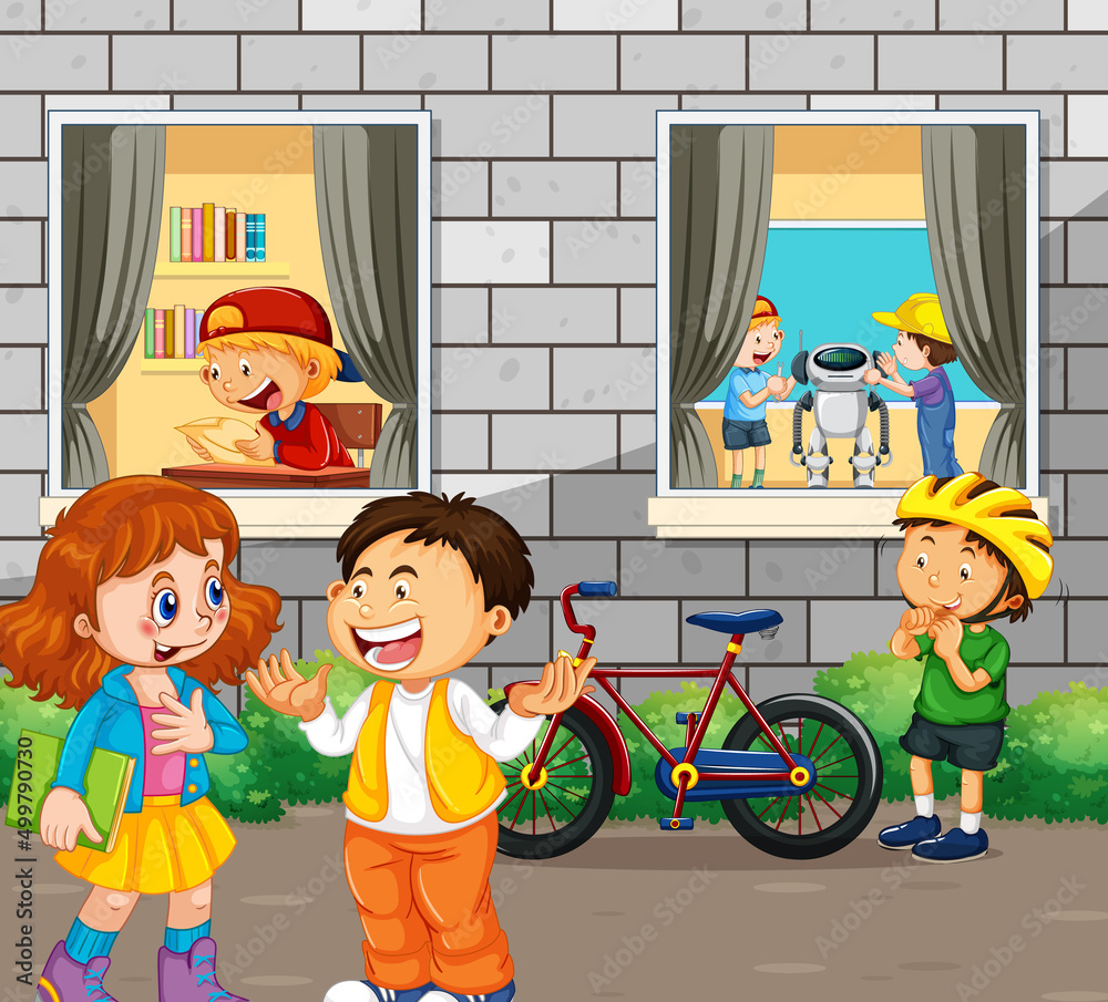 Poster Outdoor scene with people in cartoon style