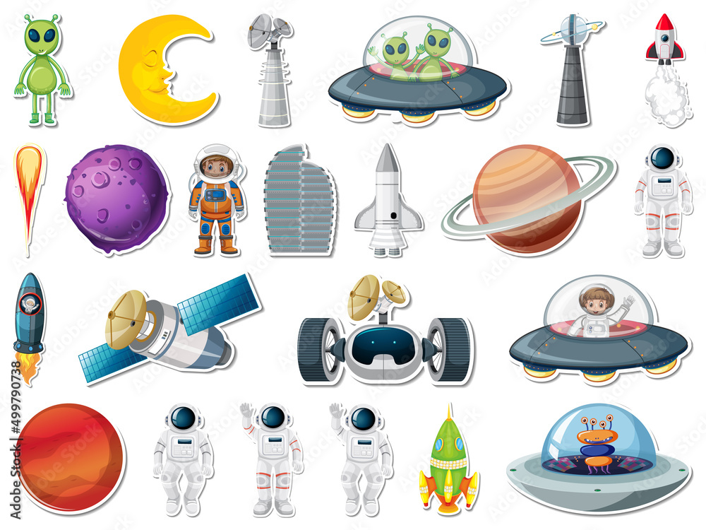 Wall mural sticker set of outer space objects and astronauts