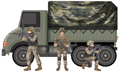 Military vehicle and soldier on white background