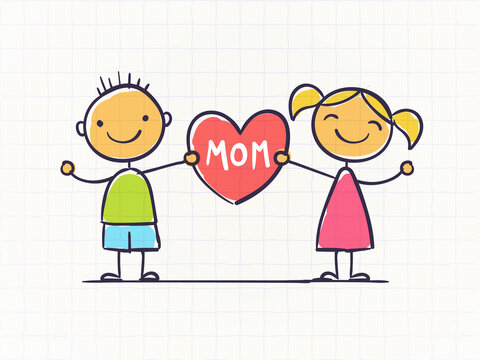 Little boy and girl holding heart with word MOM written. Mothers day concept, kids scribble drawing style vector illustration.