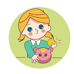 Woman keeping coin with piggy bank. Saving money concept. Cute cartoon character doodle style.