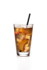 Glass of peach tea with ice cubes isolated on white background