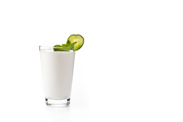 Ayran drink with mint and cucumber in glass isolated on white background. Copy space
