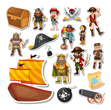 Stickers pack of pirate cartoon characters and objects