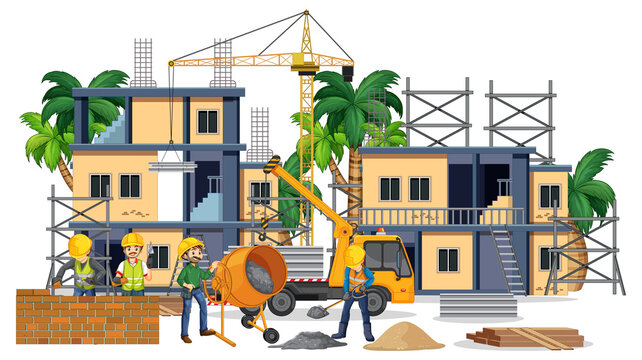 Building construction site with cartoon workers
