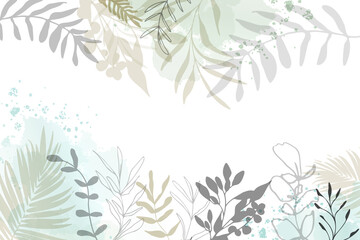 Leaves and ferns background - Hand drawn colorful plants set modern and universal. Flower branch and minimalistic plants. Hand drawn lines, elegant leaves for your own design.