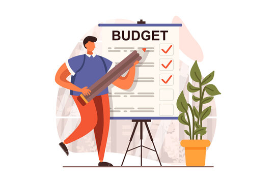 Analyzing budget web concept in flat design. Man making report with financial balance at presentation, calculate, control money. Auditing and finance management. Vector illustration with people scene