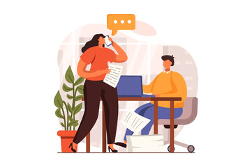 Business activities web concept in flat design. Woman manager consulting clients by phone and briefing employee at workplace. Businesspeople working at office. Vector illustration with people scene