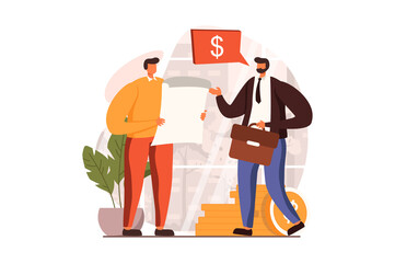 Business activities web concept in flat design. Men discuss work tasks, negotiate about investing in project and making deal. Businesspeople working at office. Vector illustration with people scene