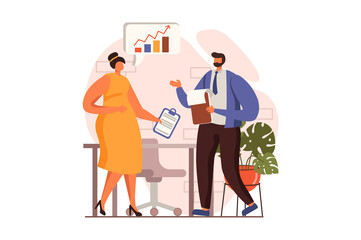 Business meeting web concept in flat design. Man and woman discuss tasks, generate ideas and communicate in office. Colleagues brainstorming at conference. Vector illustration with people scene