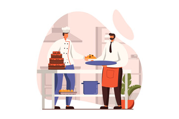 Cooking and restaurant web concept in flat design. Chef prepares desserts and sweet cakes, waiter takes order in kitchen. Culinary art and professional staff. Vector illustration with people scene