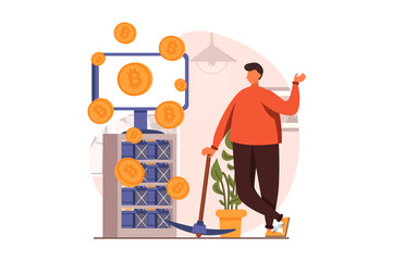 Cryptocurrency mining web concept in flat design. Businessman creates his own mining farm, earning bitcoins using hardware equipment and blockchain technology. Vector illustration with people scene