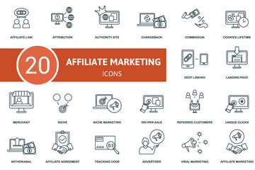 Affiliate Marketing set icon. Contains affiliate marketing illustrations such as attribution, chargeback, cookies lifetime and more.