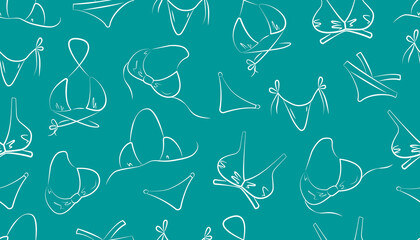 Bikini hand drawn seamless pattern. Women's sexy swimsuit summer background. White outline on a blue background. Vector. For fabric, wrapping paper, textiles