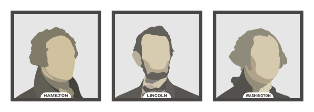 Alexander Hamilton, Abraham Lincoln and George Washington, politicians and Presidents of the United States of America. Stylized vector portraits on white background