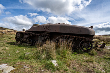 Fototapeta na wymiar Abandoned Sherman tank at The Roaches, Upper Hulme in the Peak District National Park.