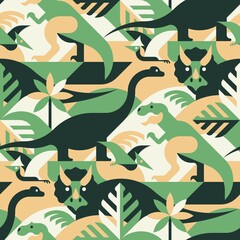 Dinosaur jurassic forest - abstract vector pattern, seamless with tyrannosaurus rex, triceratops, brontosaurus and pterodactyl. Perfect for fabric, textile, wallpaper.