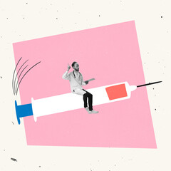 Contemporary art collage. Man, doctor, flying on syringe symbolizing vaccination, protection from viruses and illness