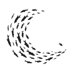 Silhouettes school of fish with marine life of various sizes swimming fish flat style design vector illustration. Colony of big and small sea animals.