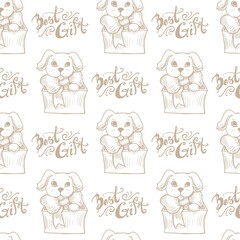 Dog in box vector seamless pattern