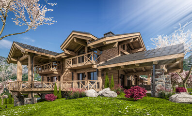 Obraz premium 3d rendering of modern cozy chalet with pool and parking for sale or rent. Beautiful forest mountains on background. Fresh spring day with a blooming trees with flowers of sakura on background.