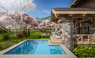 3d rendering of modern cozy chalet with pool and parking for sale or rent. Beautiful forest mountains on background. Fresh spring day with a blooming trees with flowers of sakura on background.