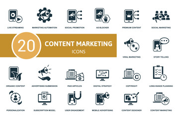 Content Marketing set icon. Contains content marketing illustrations such as marketing automation, ad blocker, social marketing and more.