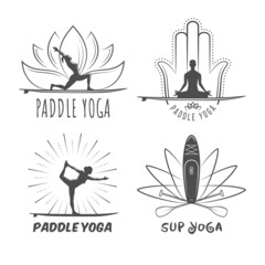 Sup yoga logos. Set of vintage stand up paddle yoga badges with training people silhouettes and sup boards.
