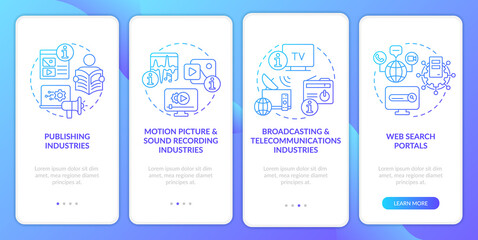 Information industry segments blue gradient onboarding mobile app screen. Walkthrough 4 steps graphic instructions pages with linear concepts. UI, UX, GUI template. Myriad Pro-Bold, Regular fonts used