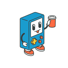 Vintage tetris character dye bottle isometric pop art cartoon old fashioned gaming machine