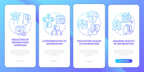 Duties of information sector blue gradient onboarding mobile app screen. Walkthrough 4 steps graphic instructions pages with linear concepts. UI, UX, GUI template. Myriad Pro-Bold, Regular fonts used