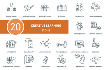 Creative Learning set icon. Contains creative learning illustrations such as creative process, open book, group discussion and more.