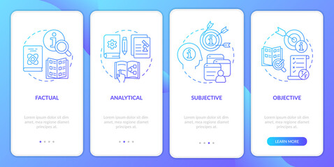 Information kinds blue gradient onboarding mobile app screen. Walkthrough 4 steps graphic instructions pages with linear concepts. UI, UX, GUI template. Myriad Pro-Bold, Regular fonts used