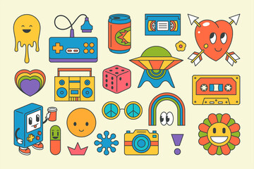 Retro hippie electronic devices graphic elements pop art groovy contoured design vector cartoon