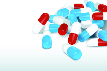 red-blue capsules are scattered on the table in the corner. Randomly lying pills. Medical background. Vector illustration.