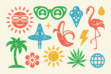 Summer symbols and objects set vector illustration. Flamingo with cone refreshing ice cream