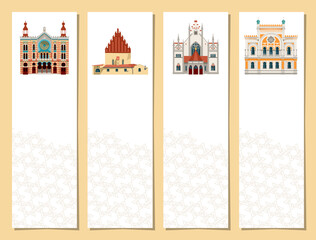 Set of 4 bookmarks with Synagogues of Prague, Czech Republic. Jubilee Synagogue, Old New Synagogue , Maisel Synagogue , Spanish Synagogue .