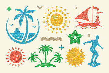 Obraz premium Summer symbols and objects set vector illustration. Bright sun and female silhouette of boat
