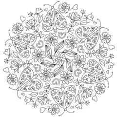 Positive, groovy Mandala colouring. Hand drawn coloring page for kids and adults. Beautiful drawing with patterns and small details. Coloring book pictures. Botany, flowers, herbs, leaves