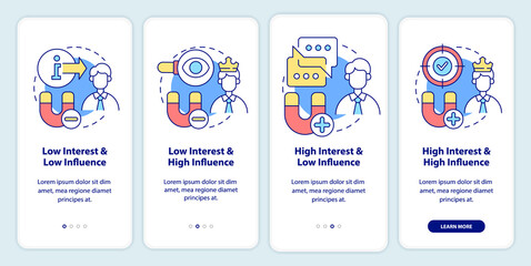 Stakeholder mapping onboarding mobile app screen. Visual analysis walkthrough 4 steps graphic instructions pages with linear concepts. UI, UX, GUI template. Myriad Pro-Bold, Regular fonts used