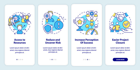 Benefits of stakeholder management onboarding mobile app screen. Walkthrough 4 steps graphic instructions pages with linear concepts. UI, UX, GUI template. Myriad Pro-Bold, Regular fonts used