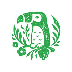 Cute tropical parrot sitting on green vegetation branch flowers grunge texture vector illustration © provectors