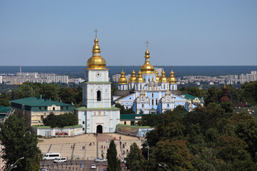 Fototapeta na wymiar Kiev, Ukraine : View from the bell tower of Sofia Cathedral to the golden-domed St. Michael's Monastery