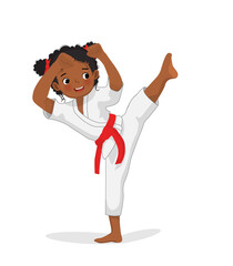 cute little karate kid African girl with red belt showing kicking attack techniques poses in martial art training practice