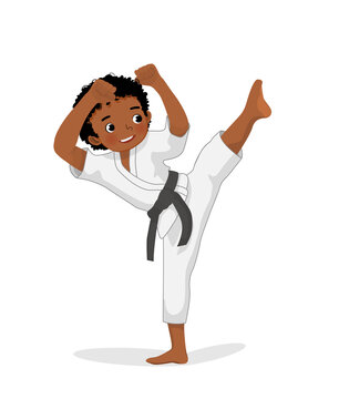 cute little karate kid African boy with black belt showing kicking attack techniques poses in martial art training practice