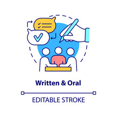 Written and oral concept icon. Verbal and nonverbal. Project communication management abstract idea thin line illustration. Isolated outline drawing. Editable stroke. Arial, Myriad Pro-Bold fonts used - obrazy, fototapety, plakaty
