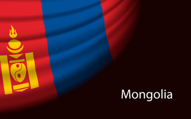 Wave flag of Mongolia on dark background. Banner or ribbon vector template
