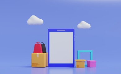 3D shopping on smartphone.Online shopping store,modern Mobile Application interface.minimal icons mockup.3d rendering illustration